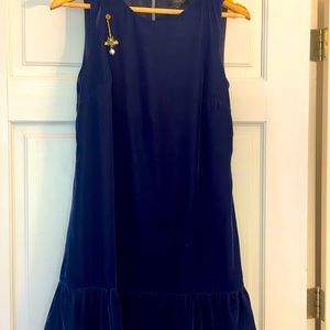 J.Crew deep purple velvet dress with ruffle trim.
